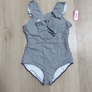 NWT Nautical Striped Ruffle One Piece Swimsuit Women Sz L Beach Cruise Coastal